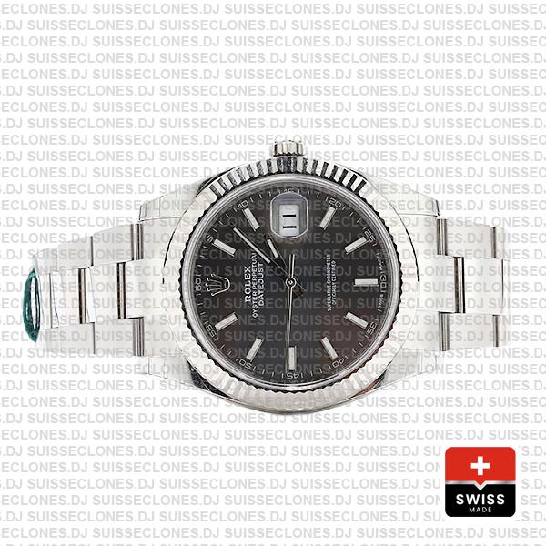 Rolex Datejust 41 Oyster 18k W Gold Fluted Bezel Rhodium Grey Dial Stick Markers 126334