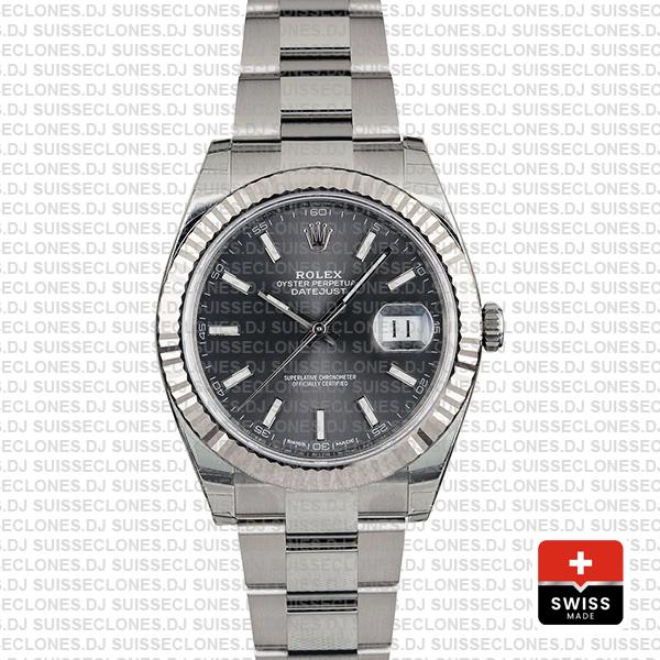 Rolex Datejust 41 Oyster 18k W Gold Fluted Bezel Rhodium Grey Dial Stick Markers 126334
