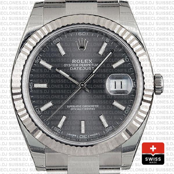 Rolex Datejust 41 Oyster 18k W Gold Fluted Bezel Rhodium Grey Dial Stick Markers 126334