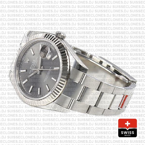 Rolex Datejust 41 Oyster 18k W Gold Fluted Bezel Rhodium Grey Dial Stick Markers 126334