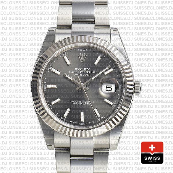 Rolex Datejust 41 Oyster 18k W Gold Fluted Bezel Rhodium Grey Dial Stick Markers 126334