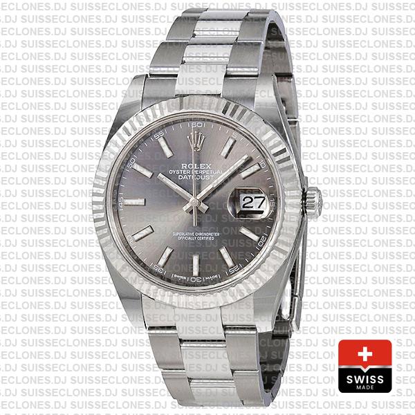 Rolex Datejust 41 Oyster 18k W Gold Fluted Bezel Rhodium Grey Dial Stick Markers 126334