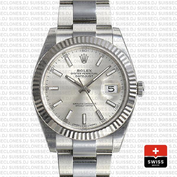 Rolex Datejust 41 Oyster 18k W Gold Fluted Bezel Silver Dial Stick Markers 126334