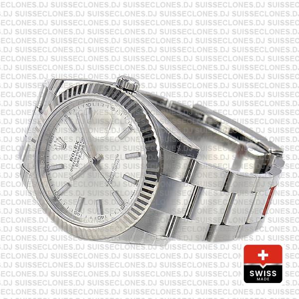 Rolex Datejust 41 Oyster 18k W Gold Fluted Bezel Silver Dial Stick Markers 126334