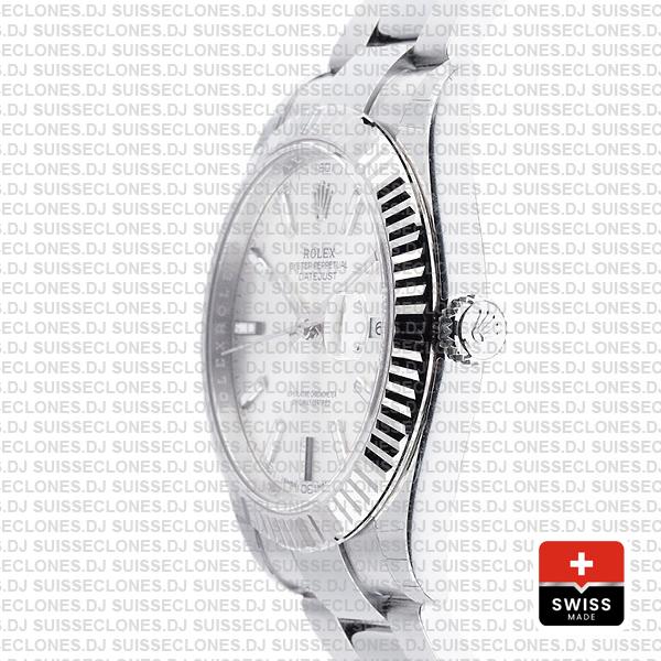 Rolex Datejust 41 Oyster 18k W Gold Fluted Bezel Silver Dial Stick Markers 126334