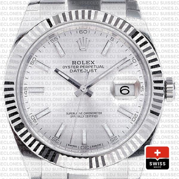 Rolex Datejust 41 Oyster 18k W Gold Fluted Bezel Silver Dial Stick Markers 126334