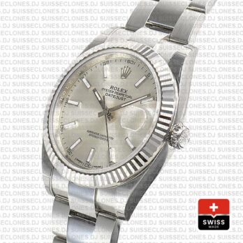 Rolex Datejust 41 Oyster 18k W Gold Fluted Bezel Silver Dial Stick Markers 126334