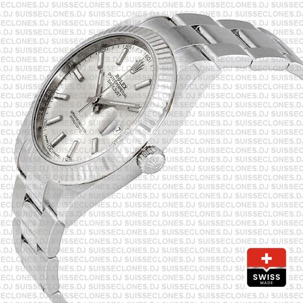 Rolex Datejust 41 Oyster 18k W Gold Fluted Bezel Silver Dial Stick Markers 126334