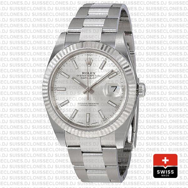 Rolex Datejust 41 Oyster 18k W Gold Fluted Bezel Silver Dial Stick Markers 126334