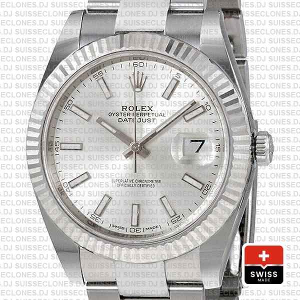 Rolex Datejust 41 Oyster 18k W Gold Fluted Bezel Silver Dial Stick Markers 126334