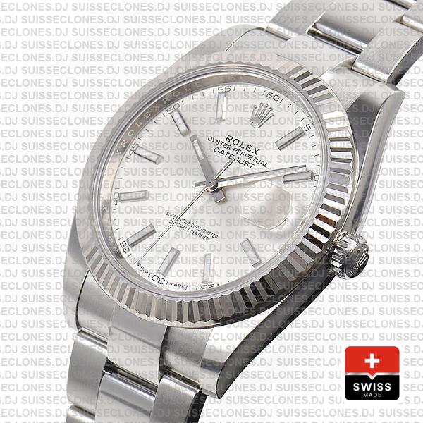 Rolex Datejust 41 Oyster 18k W Gold Fluted Bezel Silver Dial Stick Markers 126334