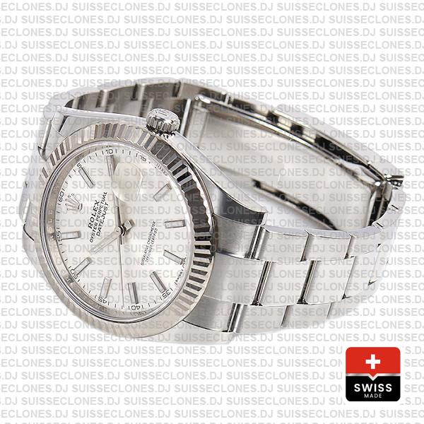 Rolex Datejust 41 Oyster 18k W Gold Fluted Bezel Silver Dial Stick Markers 126334