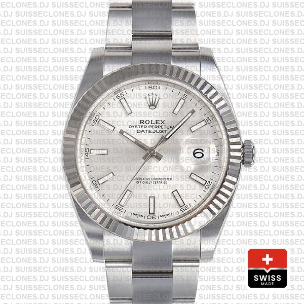 Rolex Datejust 41 Oyster 18k W Gold Fluted Bezel Silver Dial Stick Markers 126334