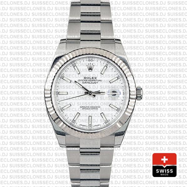 Rolex Datejust 41 Oyster 18k W Gold Fluted Bezel White Dial Stick Markers 126334