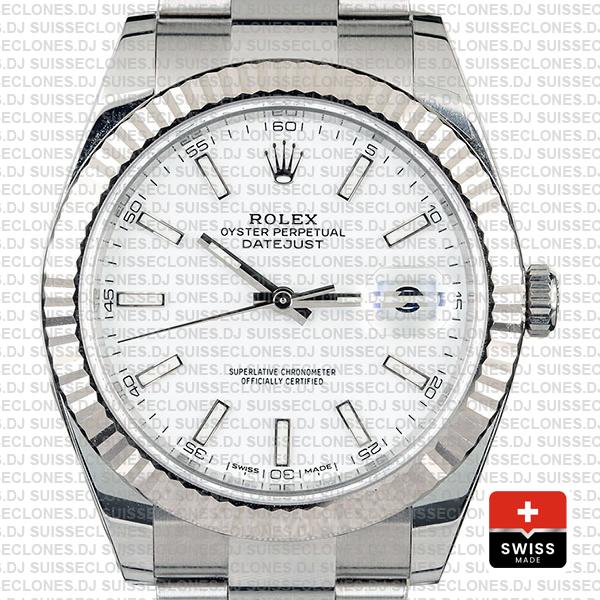 Rolex Datejust 41 Oyster 18k W Gold Fluted Bezel White Dial Stick Markers 126334