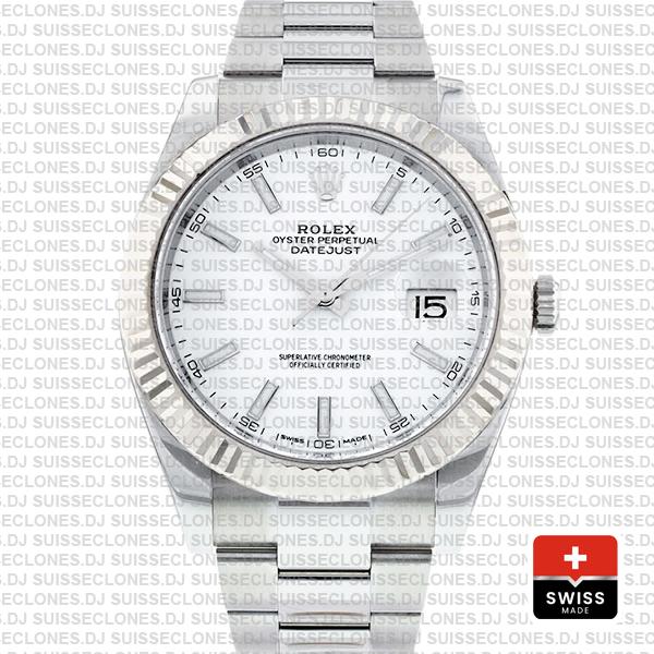 Rolex Datejust 41 Oyster 18k W Gold Fluted Bezel White Dial Stick Markers 126334