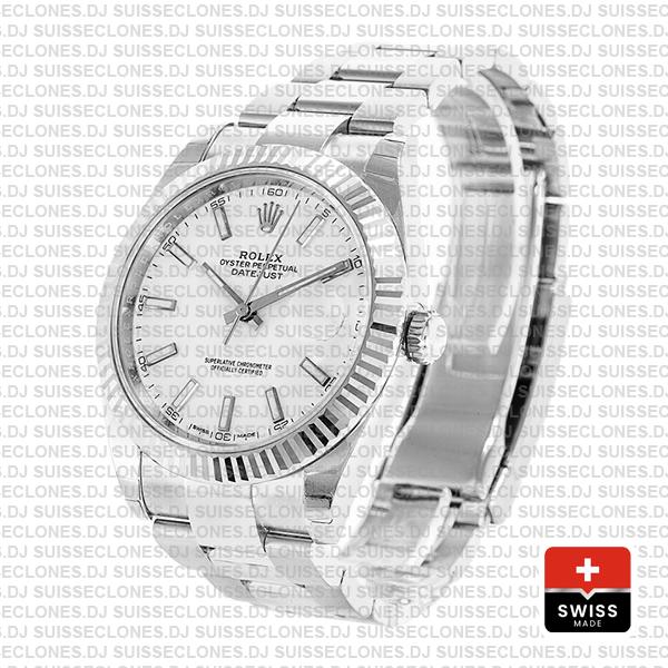 Rolex Datejust 41 Oyster 18k W Gold Fluted Bezel White Dial Stick Markers 126334