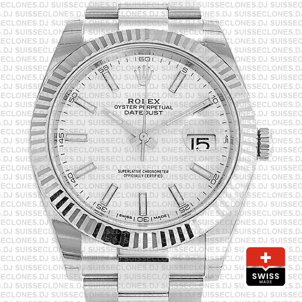 Rolex Datejust 41 Oyster 18k W Gold Fluted Bezel White Dial Stick Markers 126334