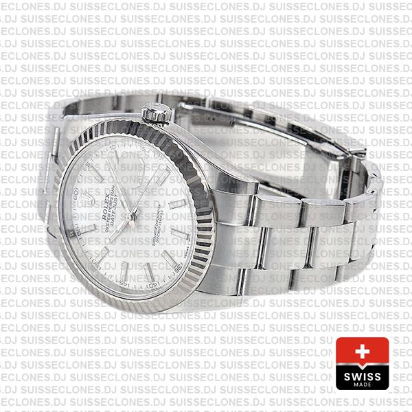 Rolex Datejust 41 Oyster 18k W Gold Fluted Bezel White Dial Stick Markers 126334