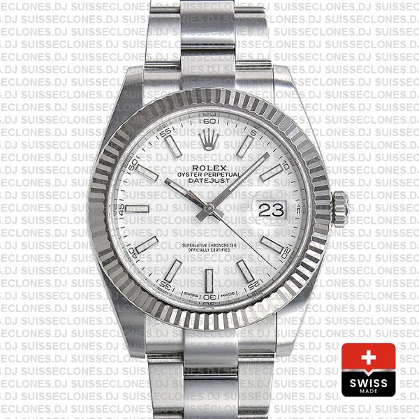 Rolex Datejust 41 Oyster 18k W Gold Fluted Bezel White Dial Stick Markers 126334