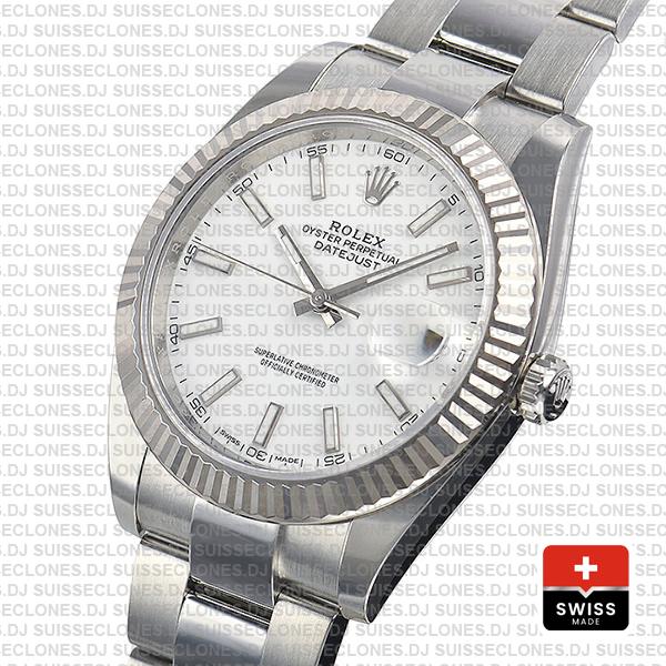 Rolex Datejust 41 Oyster 18k W Gold Fluted Bezel White Dial Stick Markers 126334