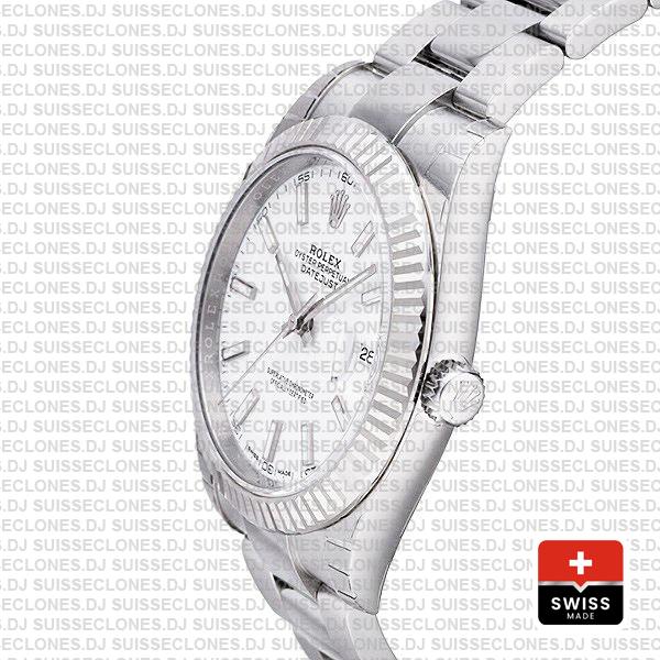 Rolex Datejust 41 Oyster 18k W Gold Fluted Bezel White Dial Stick Markers 126334