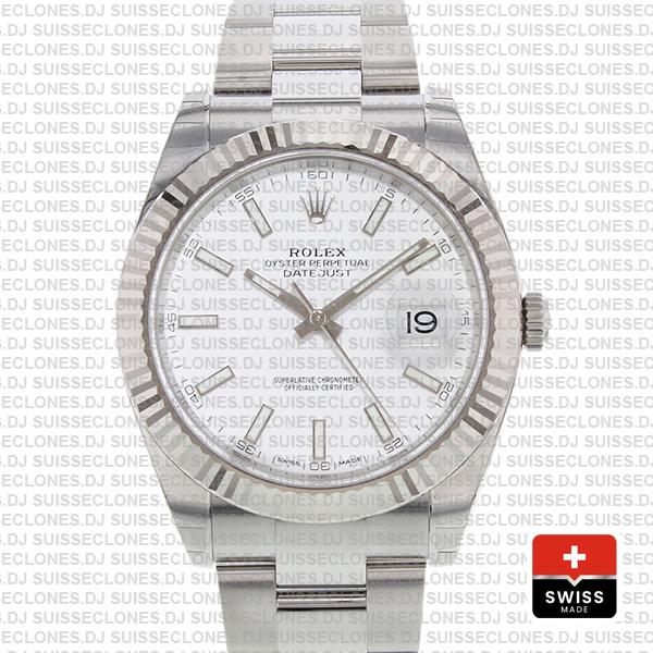 Rolex Datejust 41 Oyster 18k W Gold Fluted Bezel White Dial Stick Markers 126334