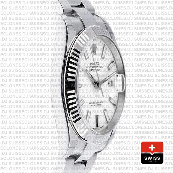Rolex Datejust 41 Oyster 18k W Gold Fluted Bezel White Dial Stick Markers 126334