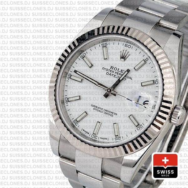 Rolex Datejust 41 Oyster 18k W Gold Fluted Bezel White Dial Stick Markers 126334