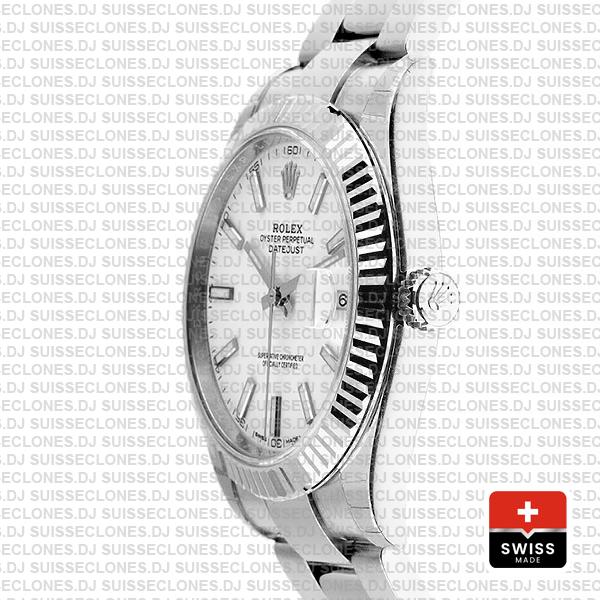 Rolex Datejust 41 Oyster 18k W Gold Fluted Bezel White Dial Stick Markers 126334