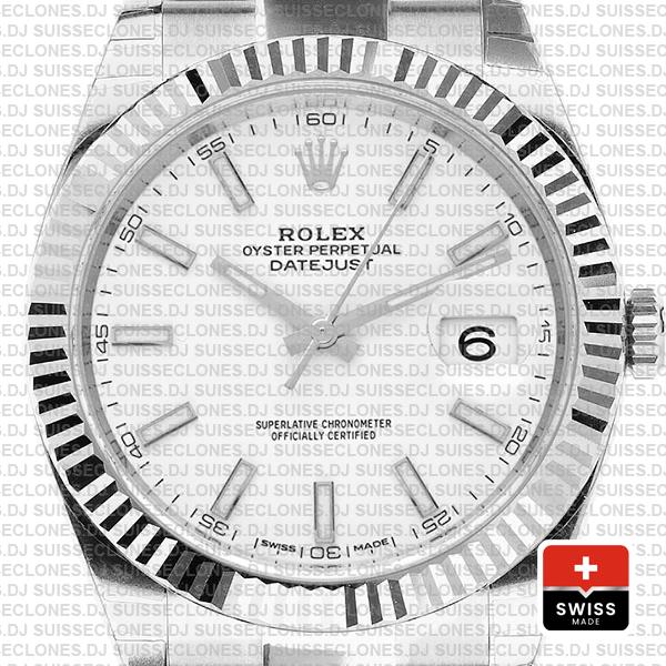 Rolex Datejust 41 Oyster 18k W Gold Fluted Bezel White Dial Stick Markers 126334