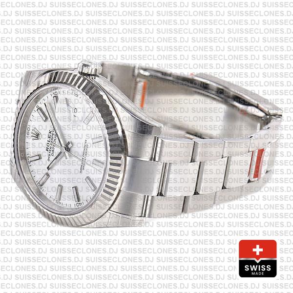 Rolex Datejust 41 Oyster 18k W Gold Fluted Bezel White Dial Stick Markers 126334