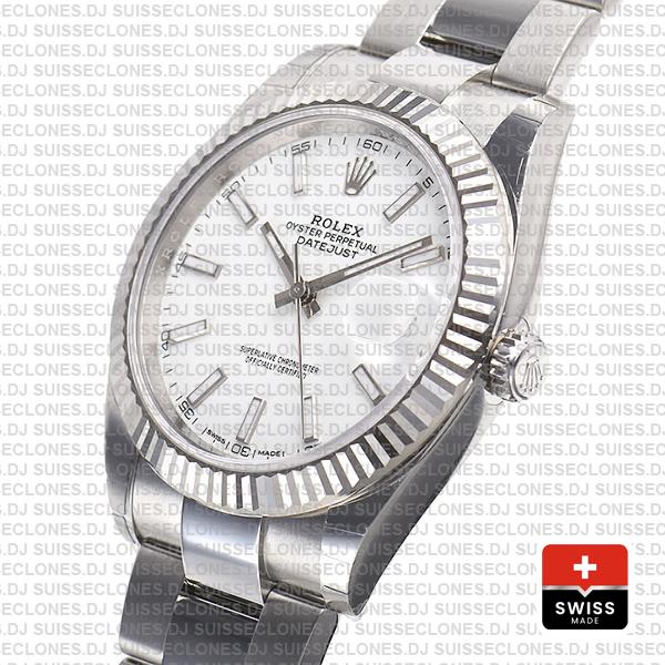 Rolex Datejust 41 Oyster 18k W Gold Fluted Bezel White Dial Stick Markers 126334