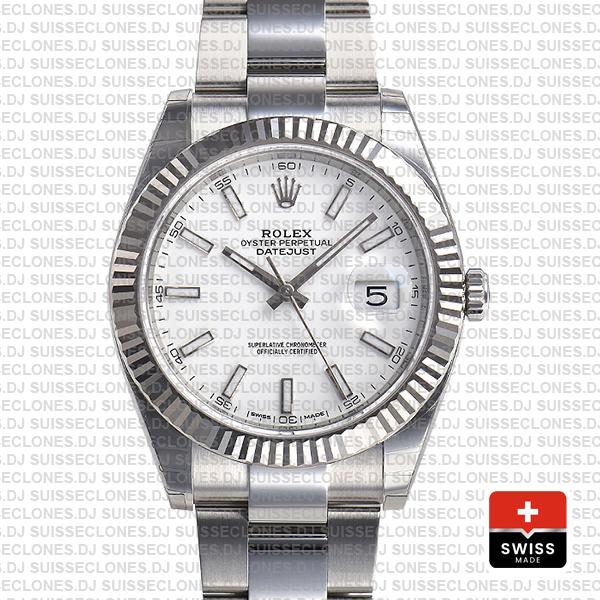 Rolex Datejust 41 Oyster 18k W Gold Fluted Bezel White Dial Stick Markers 126334