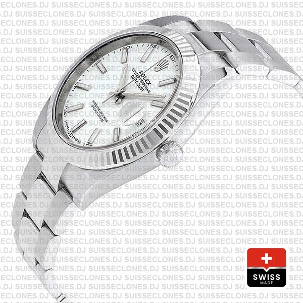 Rolex Datejust 41 Oyster 18k W Gold Fluted Bezel White Dial Stick Markers 126334