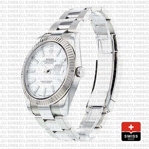 Rolex Datejust 41 Oyster 18k W Gold Fluted Bezel White Dial Stick Markers 126334