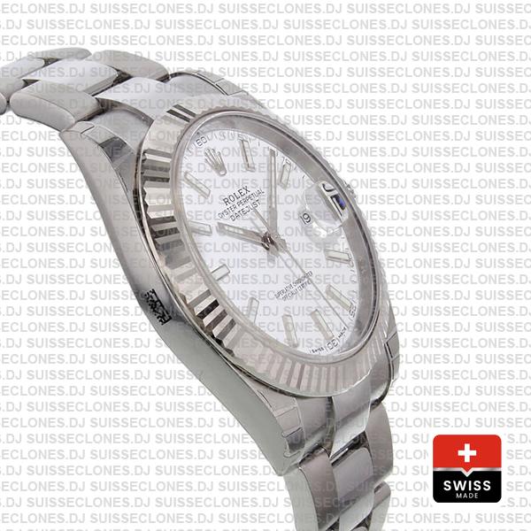 Rolex Datejust 41 Oyster 18k W Gold Fluted Bezel White Dial Stick Markers 126334