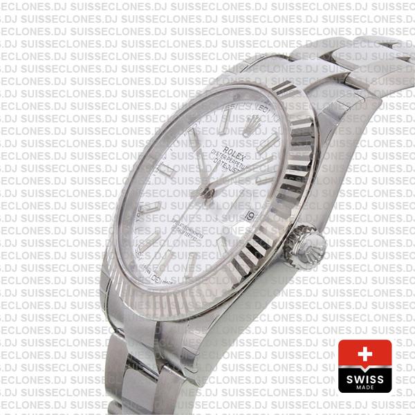 Rolex Datejust 41 Oyster 18k W Gold Fluted Bezel White Dial Stick Markers 126334