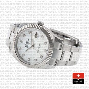 Rolex Datejust 41 Oyster 18k W Gold Fluted Bezel White Mop Dial Diamond Markers 126334