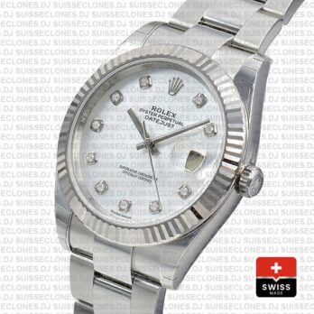 Rolex Datejust 41 Oyster 18k W Gold Fluted Bezel White Mop Dial Diamond Markers 126334
