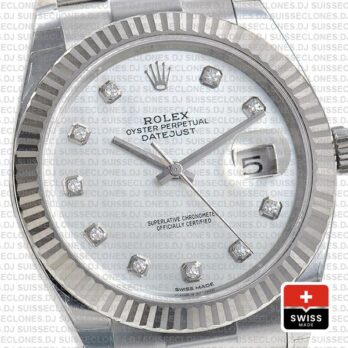 Rolex Datejust 41 Oyster 18k W Gold Fluted Bezel White Mop Dial Diamond Markers 126334