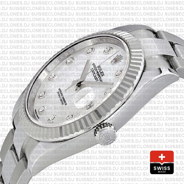 Rolex Datejust 41 Oyster 18k W Gold Fluted Bezel White Mop Dial Diamond Markers 126334