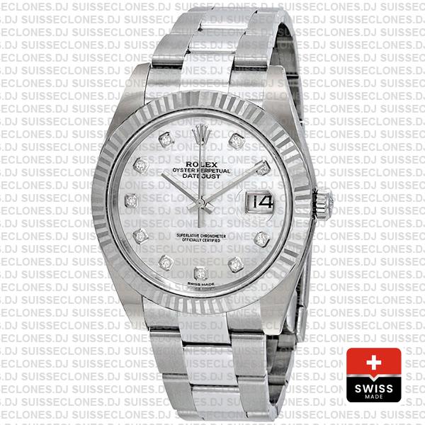 Rolex Datejust 41 Oyster 18k W Gold Fluted Bezel White Mop Dial Diamond Markers 126334