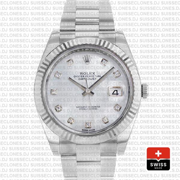 Rolex Datejust 41 Oyster 18k W Gold Fluted Bezel White Mop Dial Diamond Markers 126334