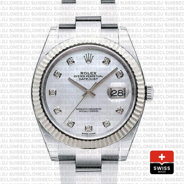 Rolex Datejust 41 Oyster 18k W Gold Fluted Bezel White Mop Dial Diamond Markers 126334