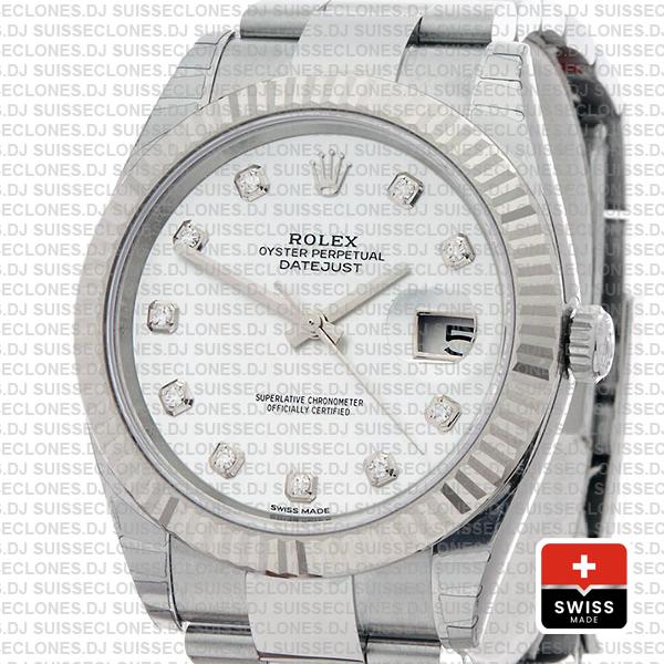 Rolex Datejust 41 Oyster 18k W Gold Fluted Bezel White Mop Dial Diamond Markers 126334
