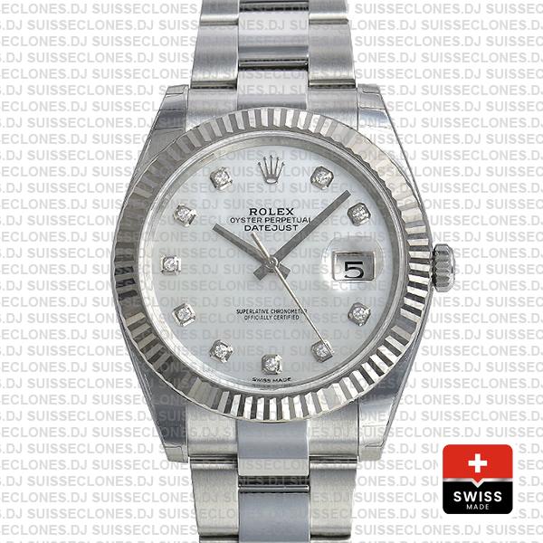 Rolex Datejust 41 Oyster 18k W Gold Fluted Bezel White Mop Dial Diamond Markers 126334