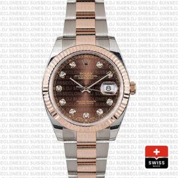 Rolex Datejust 41 Oyster 2 Tone 18k Rose Gold Fluted Bezel Chocolate Dial Diamond Markers 126331 Swiss Replica