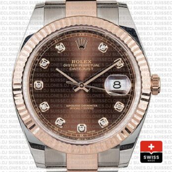 Rolex Datejust 41 Oyster 2 Tone 18k Rose Gold Fluted Bezel Chocolate Dial Diamond Markers 126331 Swiss Replica