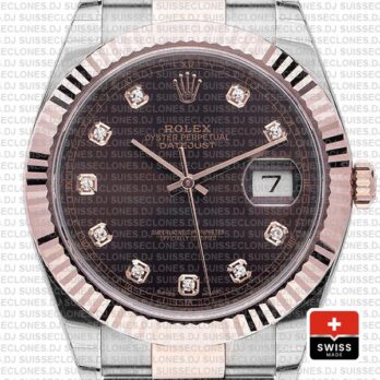 Rolex Datejust 41 Oyster 2 Tone 18k Rose Gold Fluted Bezel Chocolate Dial Diamond Markers 126331 Swiss Replica